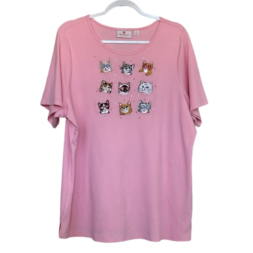 Quacker Factory Cat Embroidery Print Soft Tee Shirt Size 1X - Picture 2 of 4